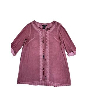 Ali Miles Women's M Top Rose blush Embroidered Floral‎ Boho 3/4 Sleeve Artsy